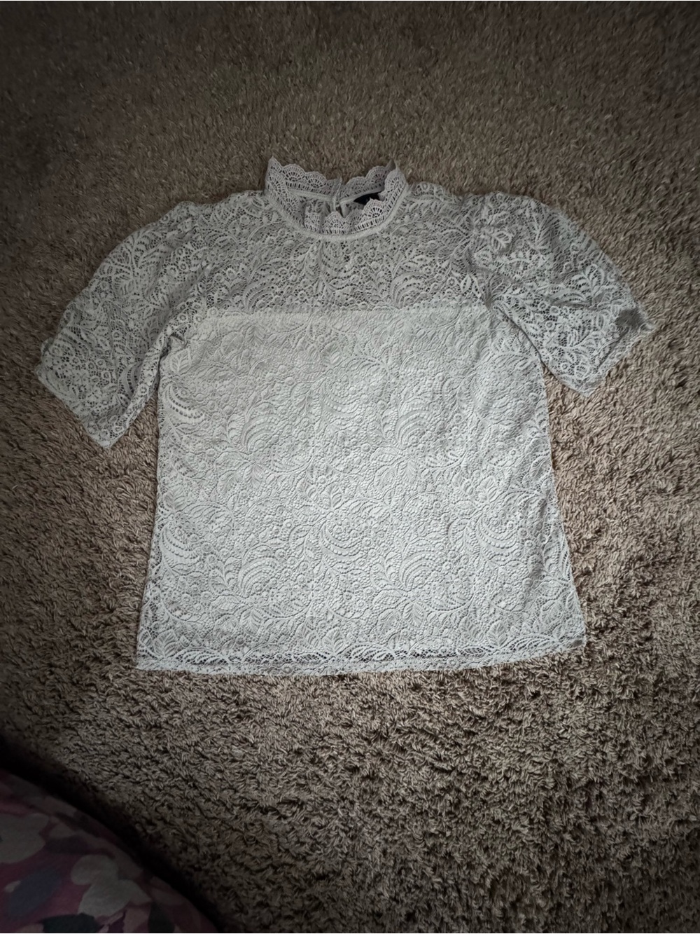 Adiva White Lace Short Sleeve Blouse with High Neck